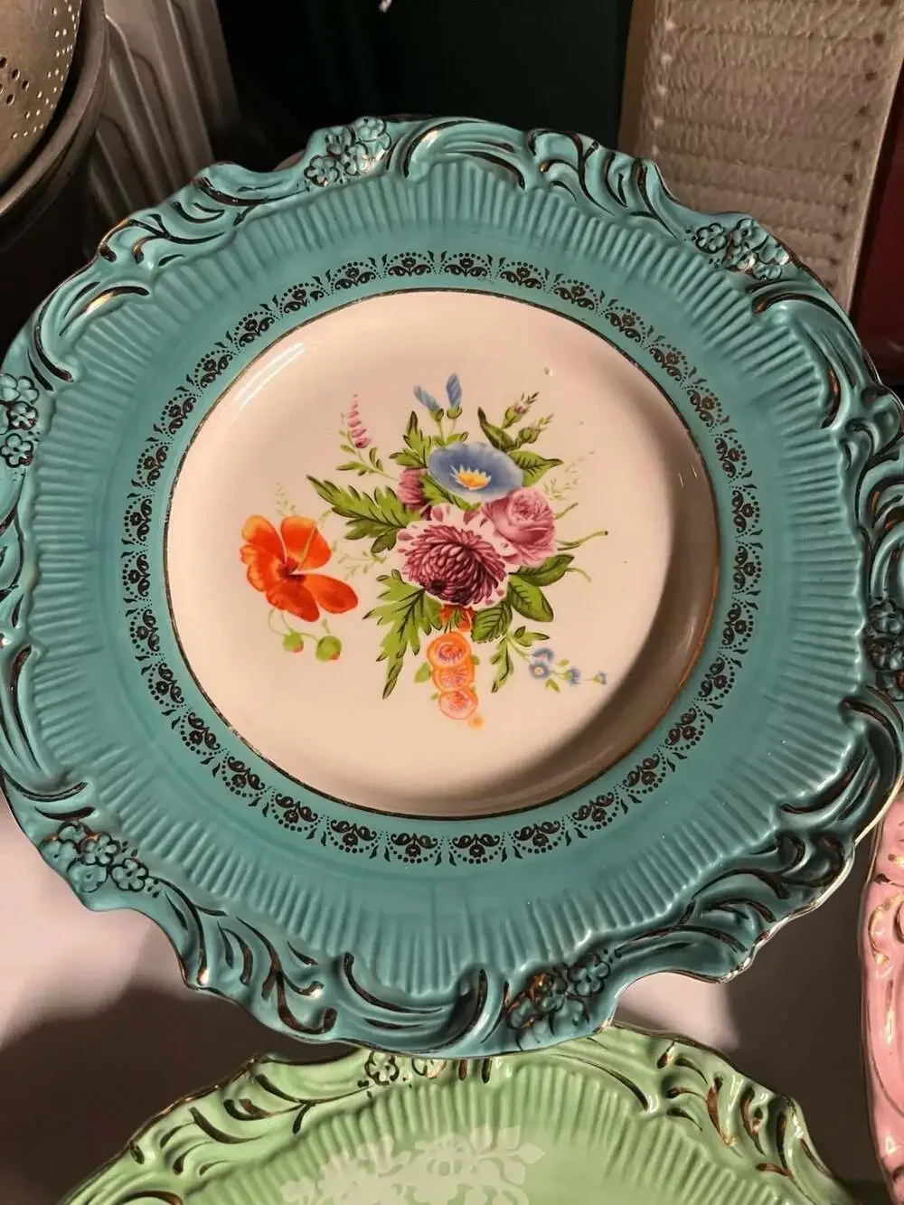 Vintage Baroque Style Scalloped Floral Decorative Plates with Gold Trim